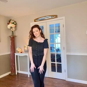 Women's Black Lace-Up Short Sleeve Top